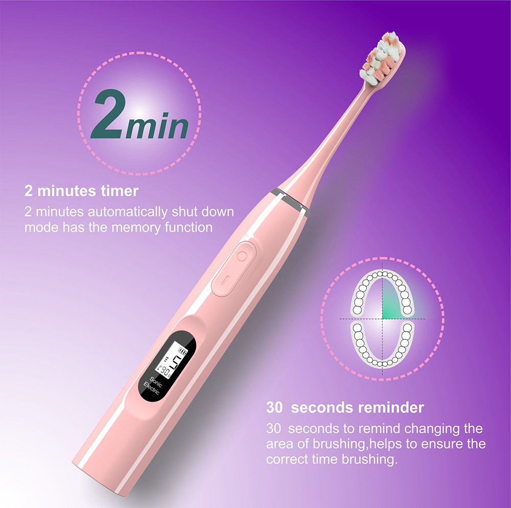 Sfeel 15 Modes LCD Screen Sonic Electric Toothbrush Smart Adult Timer USB Type C Rechargeable IPX7 Waterproof Whitening