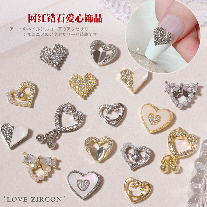 3pcs nail art love zircon color preserved super flash three-dimensional diamond smiley nail accessories love necklace