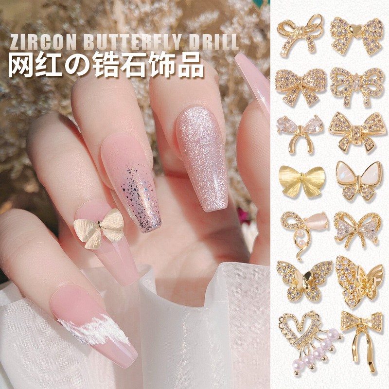 3pcs new nail art bow zircon jewelry metal micro set color preserved luxury pearl necklace love nail stick diamond jewelry