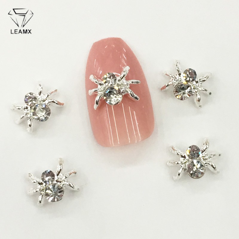 LEAMX 10pcs Alloy Spider Nail Art Decorations 3D AB/White Rhinestone Decorations Spider Nail Jewelry Sparkle Nail Supplies L459