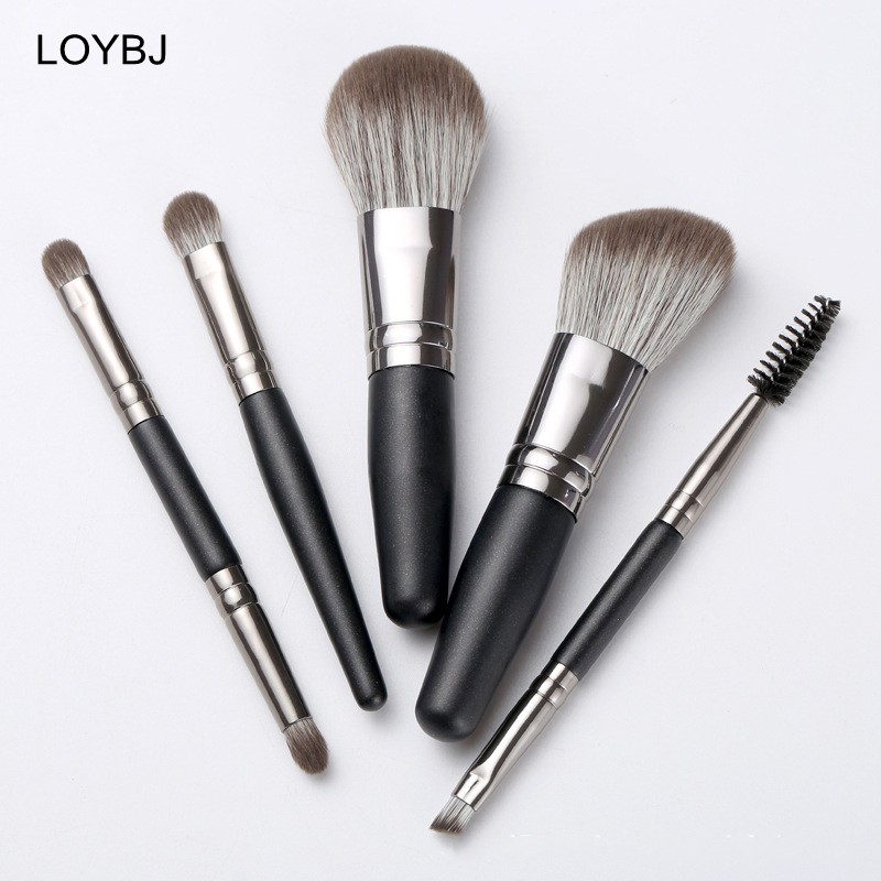 Loebig 5pcs Mini Makeup Brushes Set Powder Foundation Blush Highlighter Contour Eye Shadow Eyebrow Lash Portable Cosmetic Brush