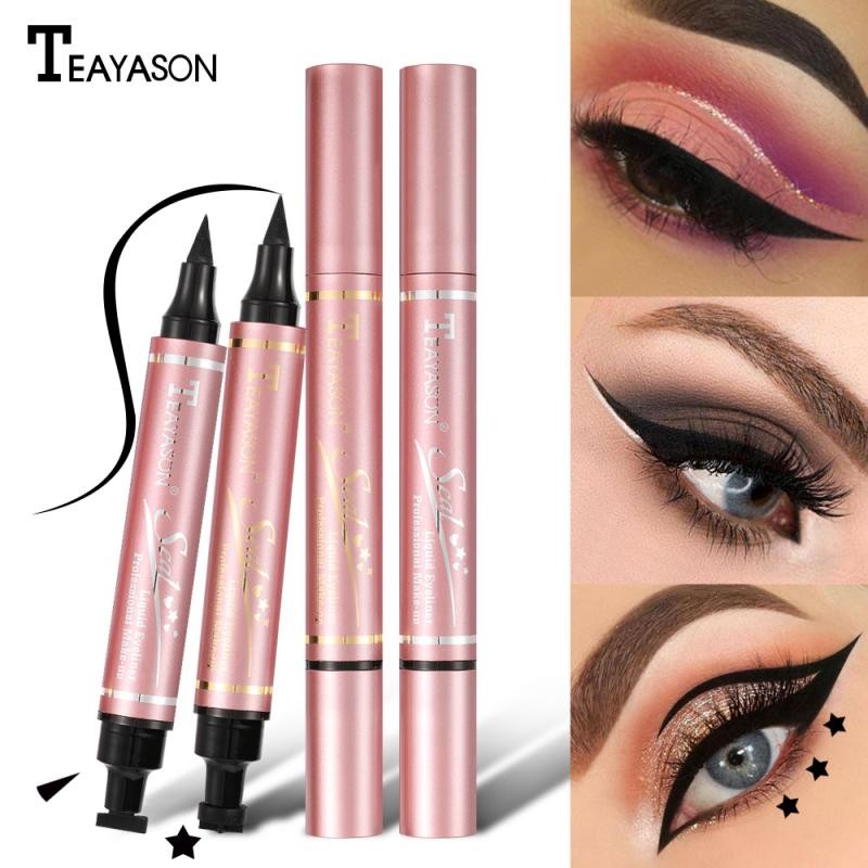 2 in 1 Cat Eye Seal Eyeliner Set Double-headed Triangle Seal Eyeliner Pen Enlarge Eyes Waterproof Quick Dry Long Lasting Makeup