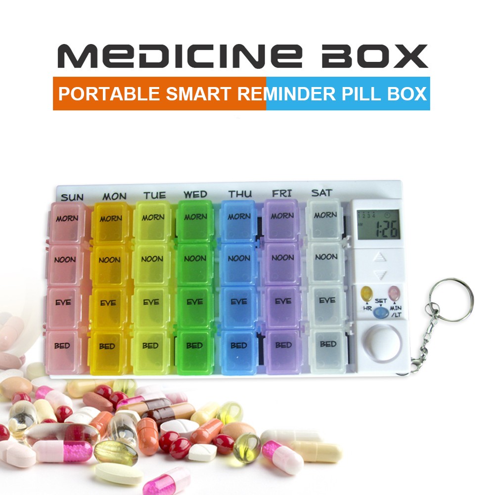 28 Grids Weekly Pill Storage Pill Dispenser Alarm Clock Luminous Alarm Clock Timer Reminder Pill Dispenser