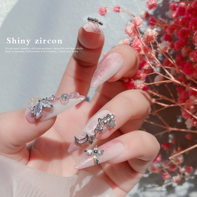 3pcs Nail Art Silver Zircon Star Moon Love Pearl Rabbit Butterfly Chain Nail Decoration