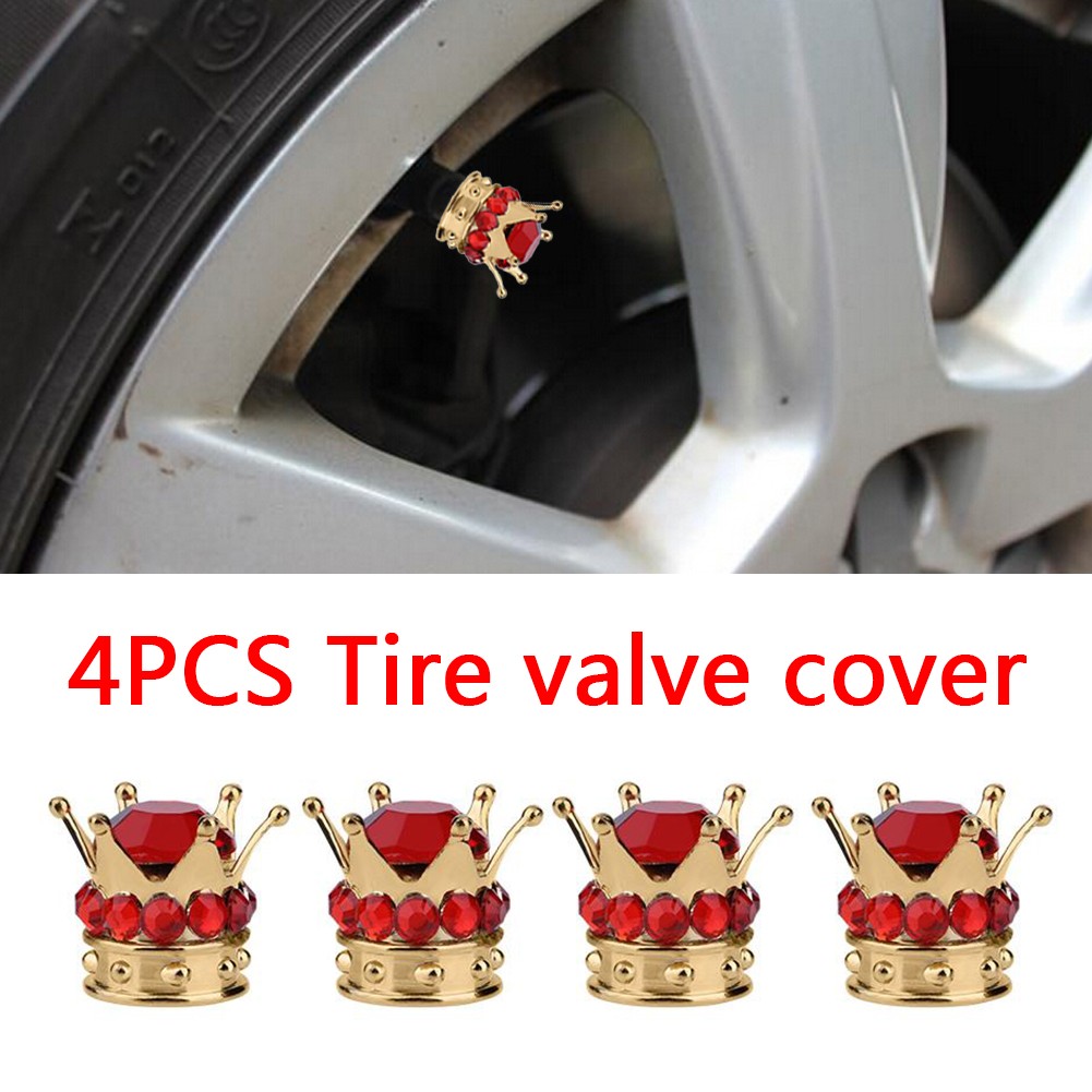 4pcs Car Wheel Air Valve Cover Tire Rhinestone Crown Pattern Brass Core Auto Truck Tire Rim Stem Dust Cover Air Universal Accessories