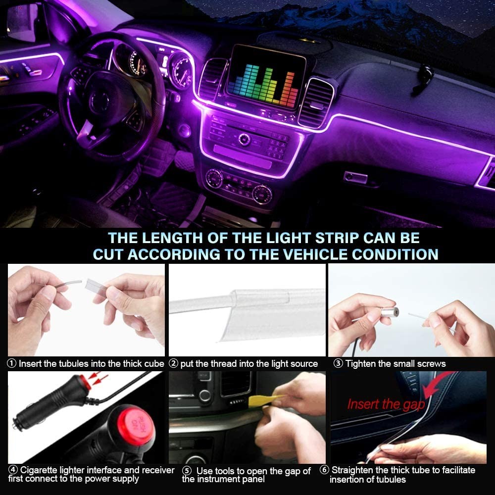 LED Car Interior Decoration Car Ambient Light Strip Light APP RGB Music Control Flexible EL Wire Rope Tubular Atmosphere Neon Strip