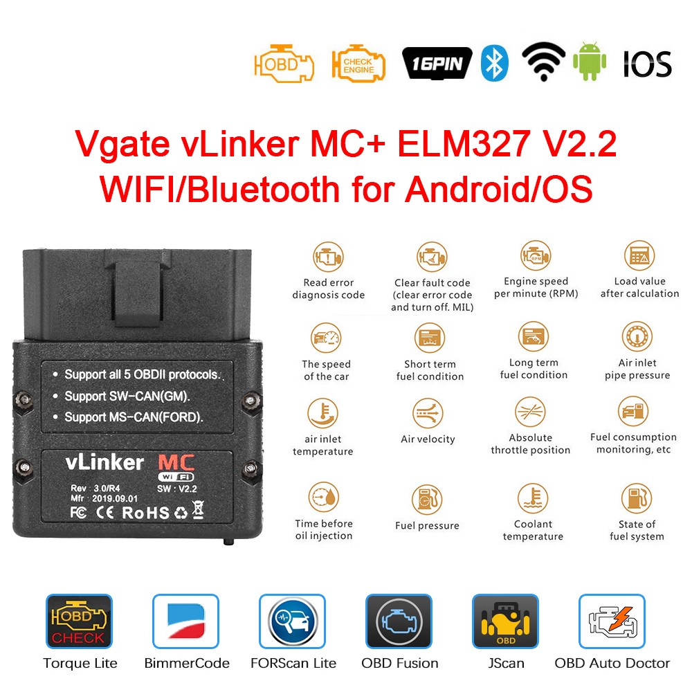 Vgate VLinker MC+ELM327 V2.2 WIFI forecast ELM 327 for Car OBD2 Bluetooth 4.0 Car Diagnostic Scanner Tool for Android/IOS