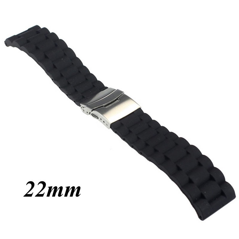 Black silicone rubber watch strap band deployment buckle waterproof 20mm 22mm