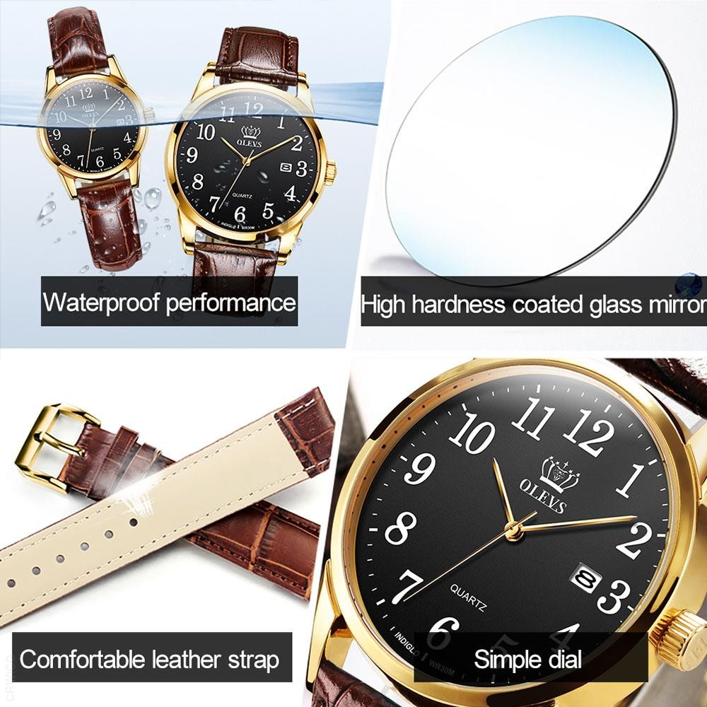 OLEVS Men's Quartz Watch Top Brand Fashion Casual Luxury Dress Genuine Brown Leather Strap Men's Watches Waterproof Wristwatch