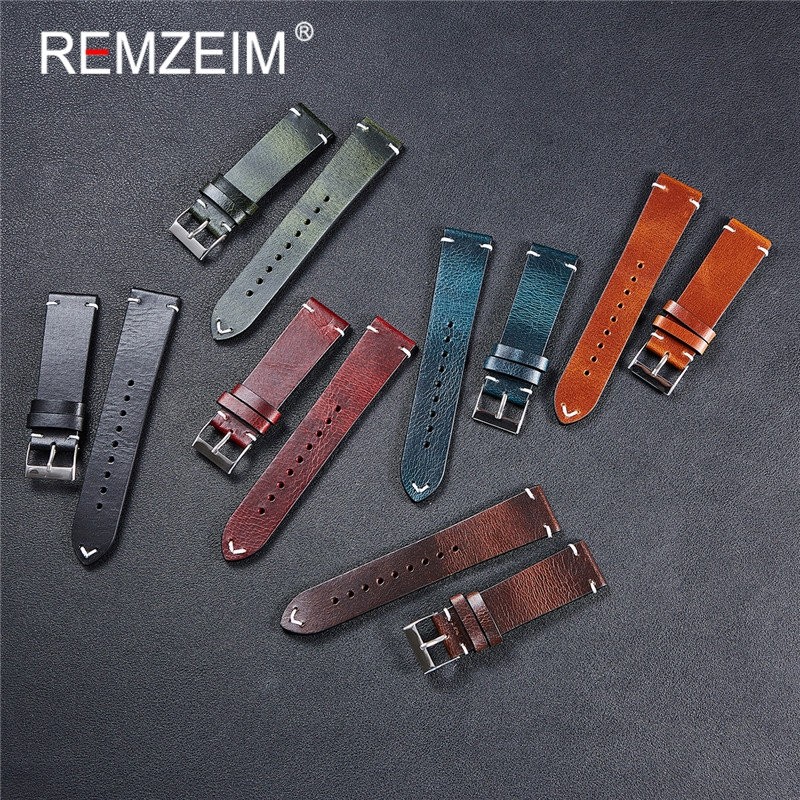 REMZEIM 18mm 20mm 22mm High-end Retro 100% Calfskin Leather Watch Band Watch Strap With Genuine Leather Straps 7 Colors