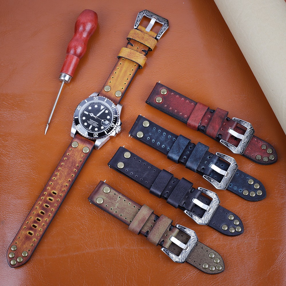 18mm 20mm 22mm 24mm Vintage Genuine Leather Watches Rivet Leather Watch Strap Replacement Carving Watchband Accessories