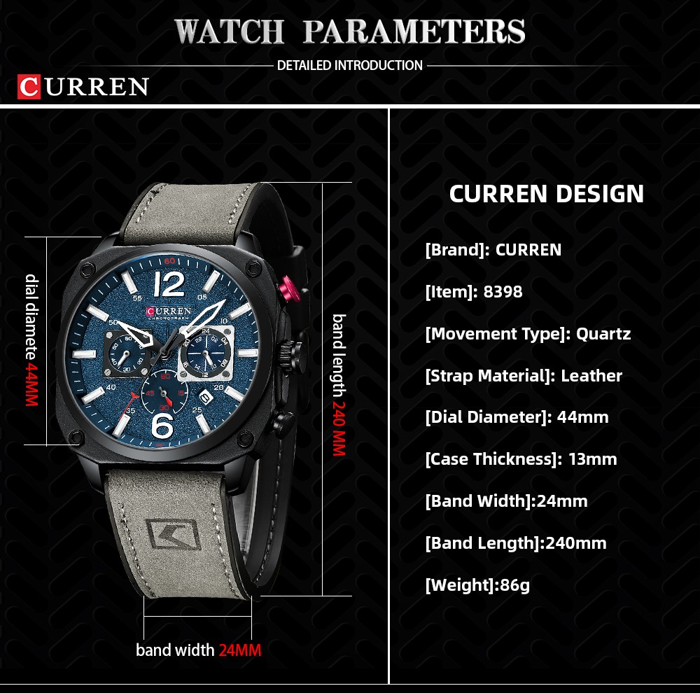 CURREN New 8398 Men's Watch Fashion Waterproof Male Multifunction Chronograph Leather Watch Six Needle Calendar Quartz Watches