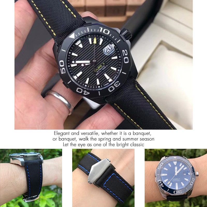 20mm 22mm Canvas Nylon Leather Watch Strap Fold Buckle Black Watch Band For Tag Heuer Carrera AQUARACER Watch Bracelets For Men