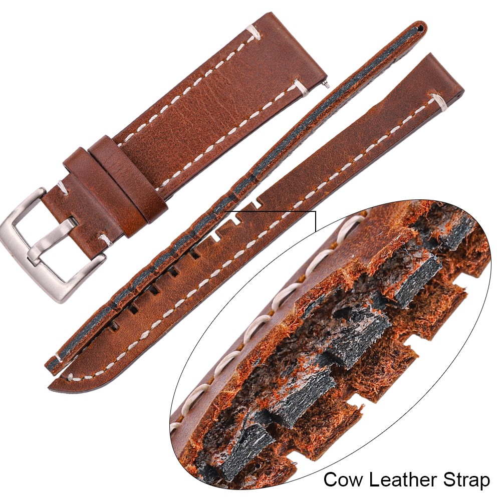 HENGRC - Genuine Cowhide Leather Watch Strap for Men and Women, Thickness 18, 20, 22, 24mm, Handmade, Retro, with Metal Buckles