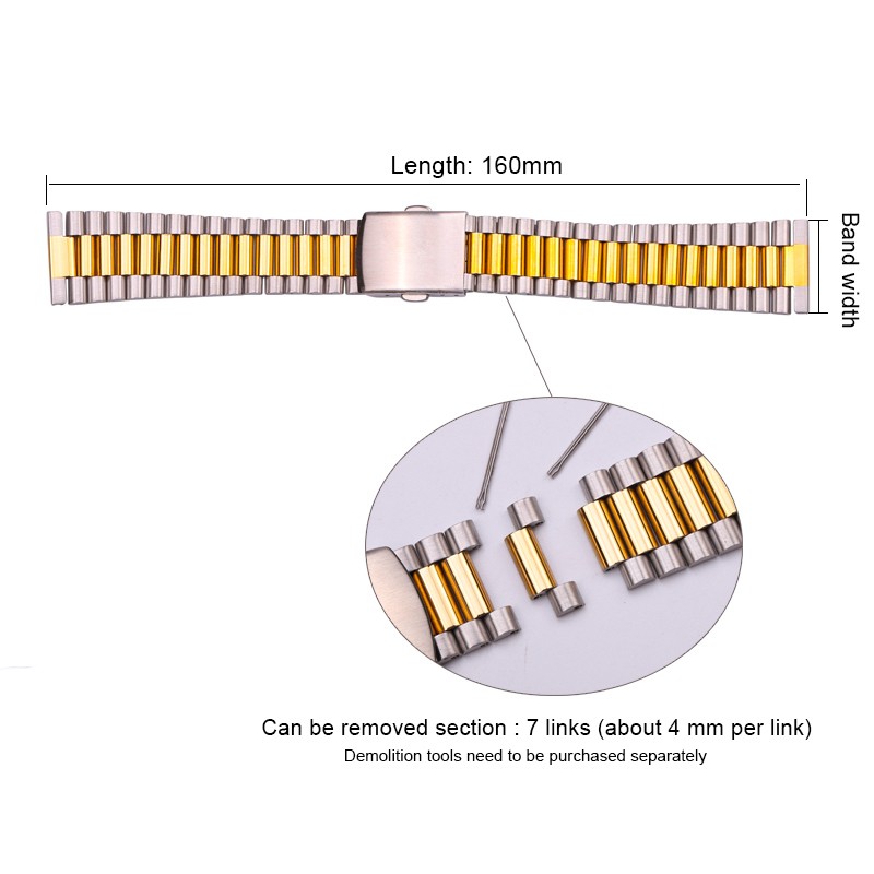 Women's stainless steel watch band, silver and gold watch band, 12mm, 14mm, 16mm, 18mm, 20mm, with buckle