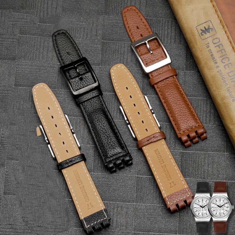 Leather Watch Strap Waterproof For Swatch YIS415/414 YCS YAS YGS 17mm Replacement Cowhide Watch Band Concavo Convex Watch Bracelet