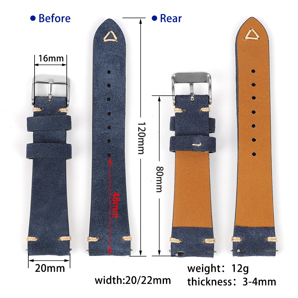 Vintage Suede Leather Watch Band 20mm 22mm Blue Brown Watch Strap Replacement Wristband Handmade Stitching Watchband