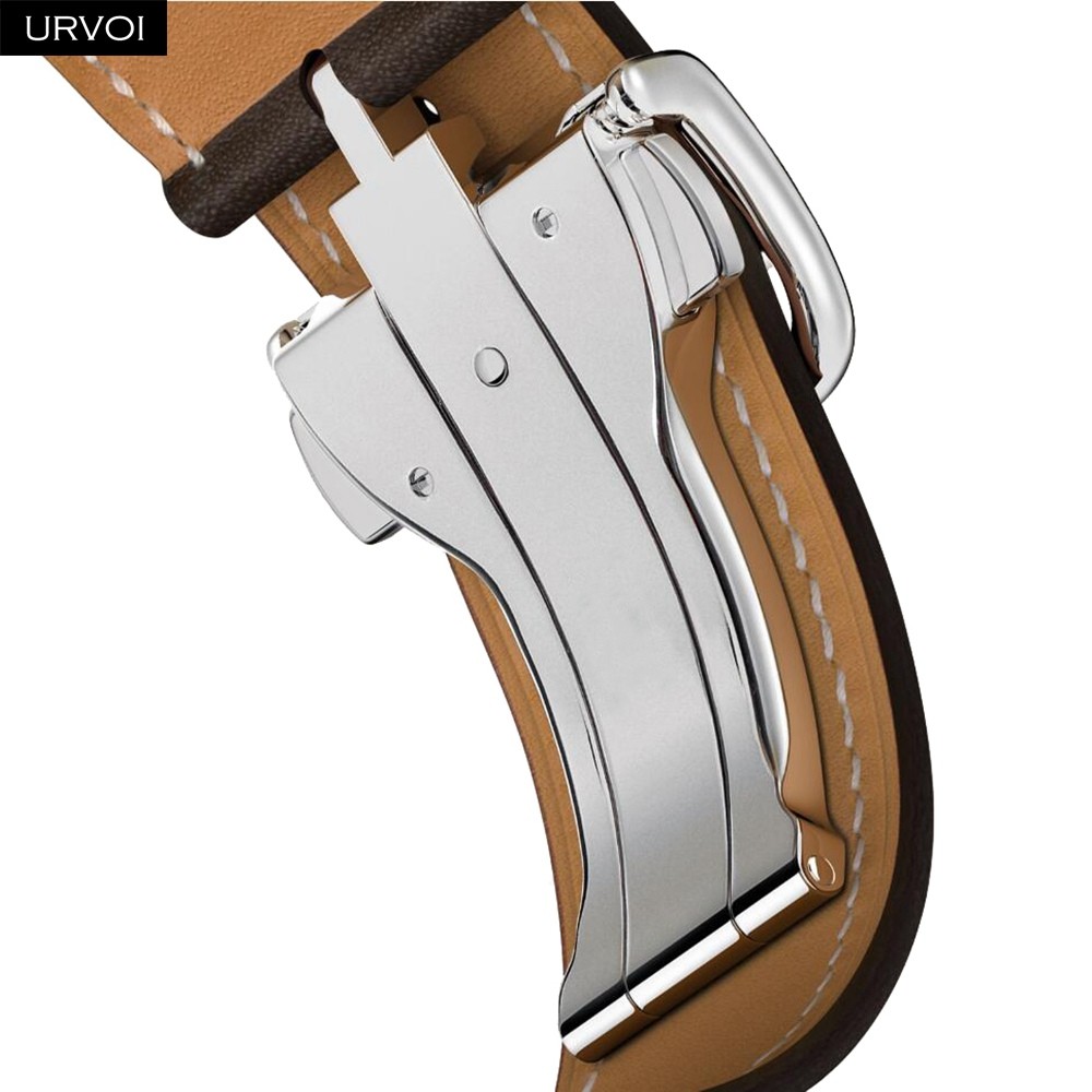 URVOI Deploy Buckle Band for Apple Watch Series 7 6 SE 5 4 3 21 Single Round Strap for iwatch 40 44mm Swift Leather Band Strap