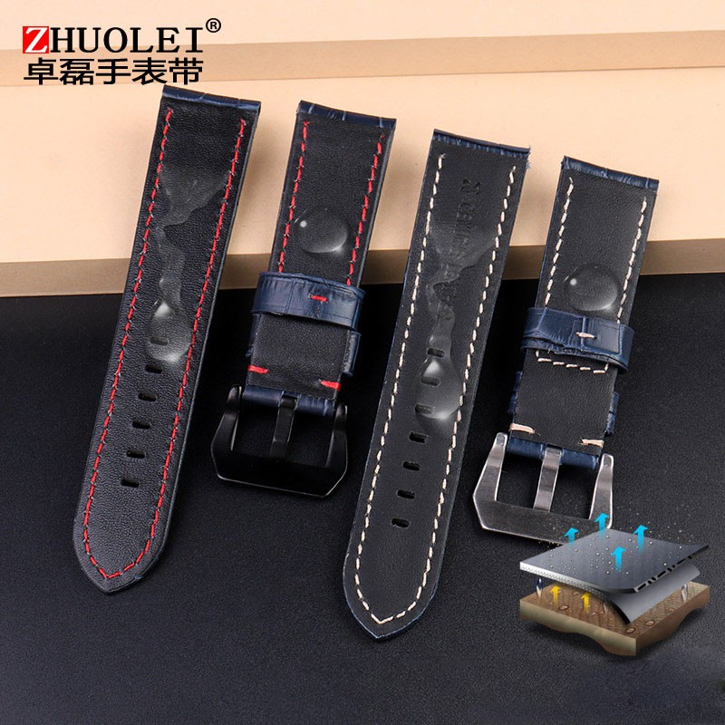 For Panerai1085/1313/111 Leather Watch Strap 22mm 24mm Blue Mens Crocodile Grain Watch Band Sandy Grinding Cowhide Accessories