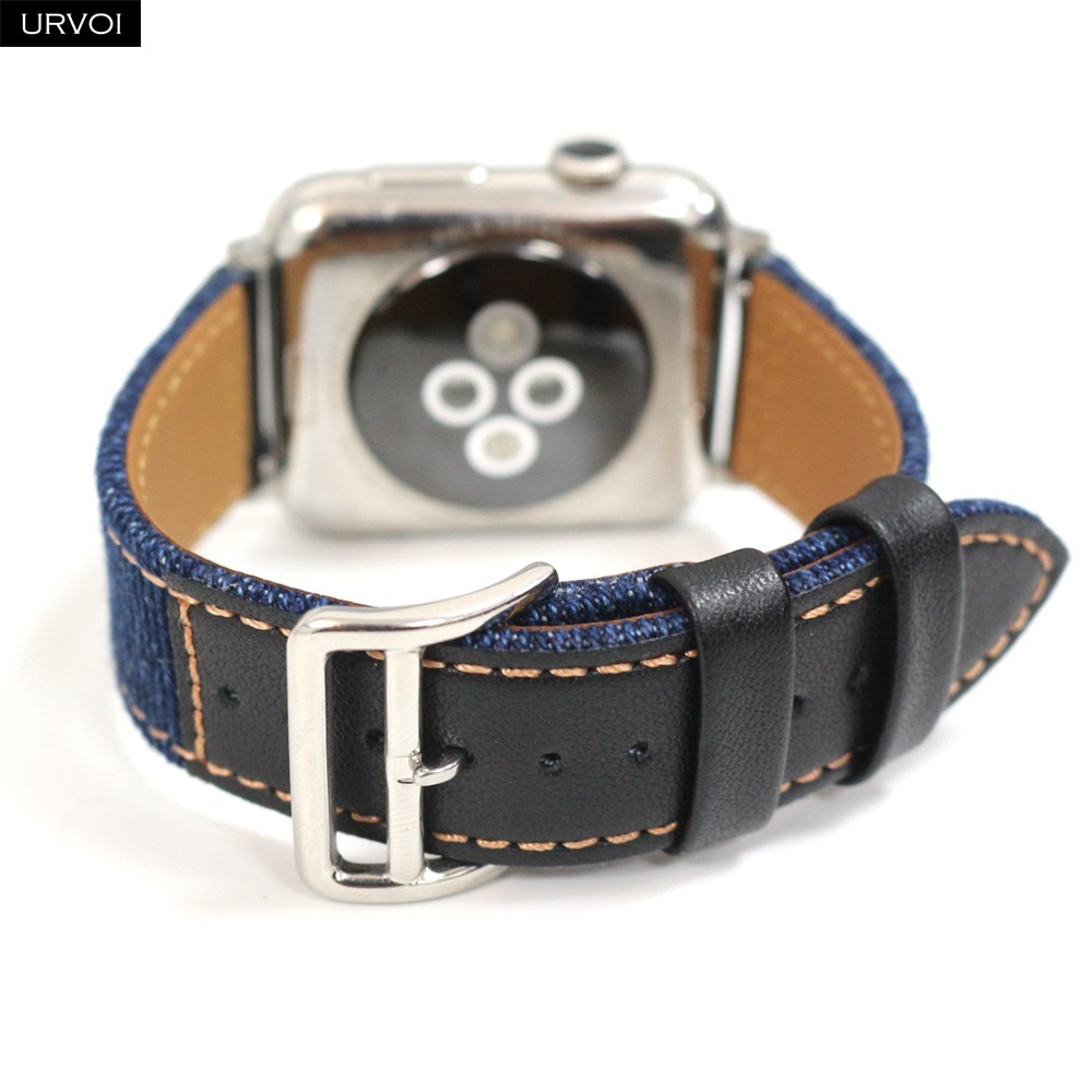 URVOI Band for Apple Watch Series 7 654321SE Jean Band with Genuine Leather Strap for iWatch Denim Design Canvas Wrist