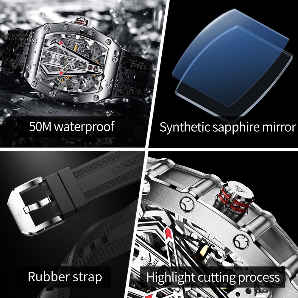 OUPINKE Luxury Watches Men Automatic Mechanical Silicone Sapphire Mirror Tonneau Skeleton Watch Waterproof Top Brand Sport