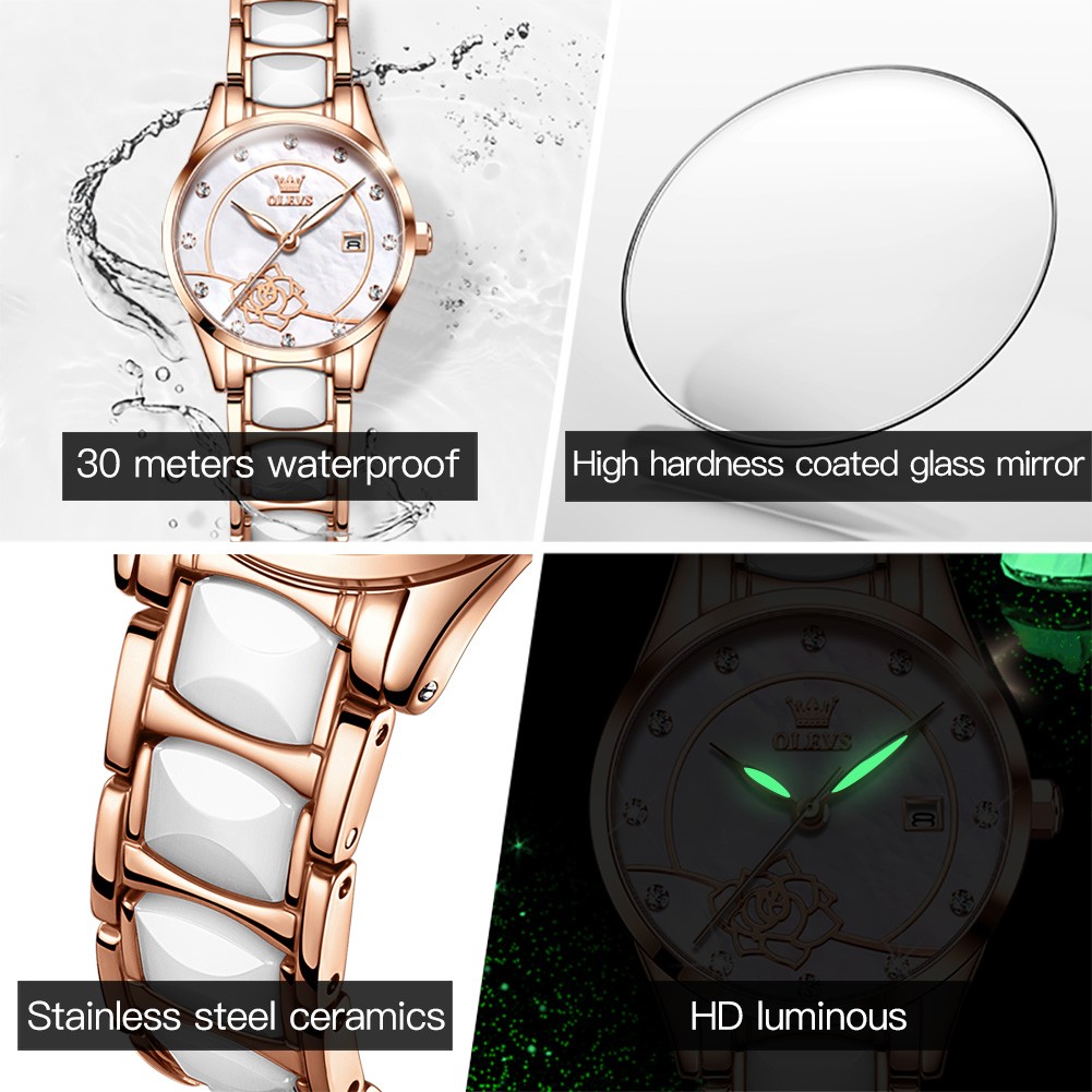 OLEVS Luxury Quartz Women's Watch Japan Movement 30M Waterproof Watch for Women Ceramic Women's Wristwatch Gift for Valentine's Day