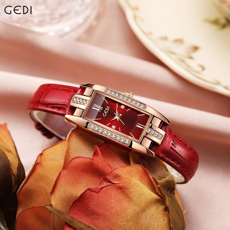 Luxury Fashion Women Watches Gift for Lady Red Leather Strap Simple Watch Case Rhinestone Rectangle Dial Clock Reloj De Mujer