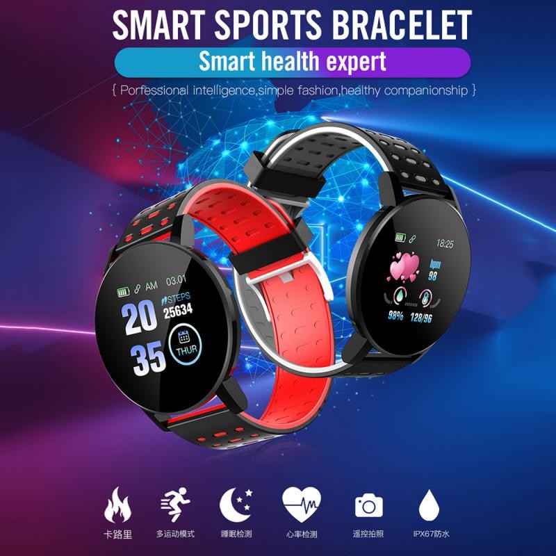 Smart Watch Blood Pressure Men Watch Round Message Reminder Fitness Tracker Smartwatch Women Bracelet for IOS Android 119 Plus