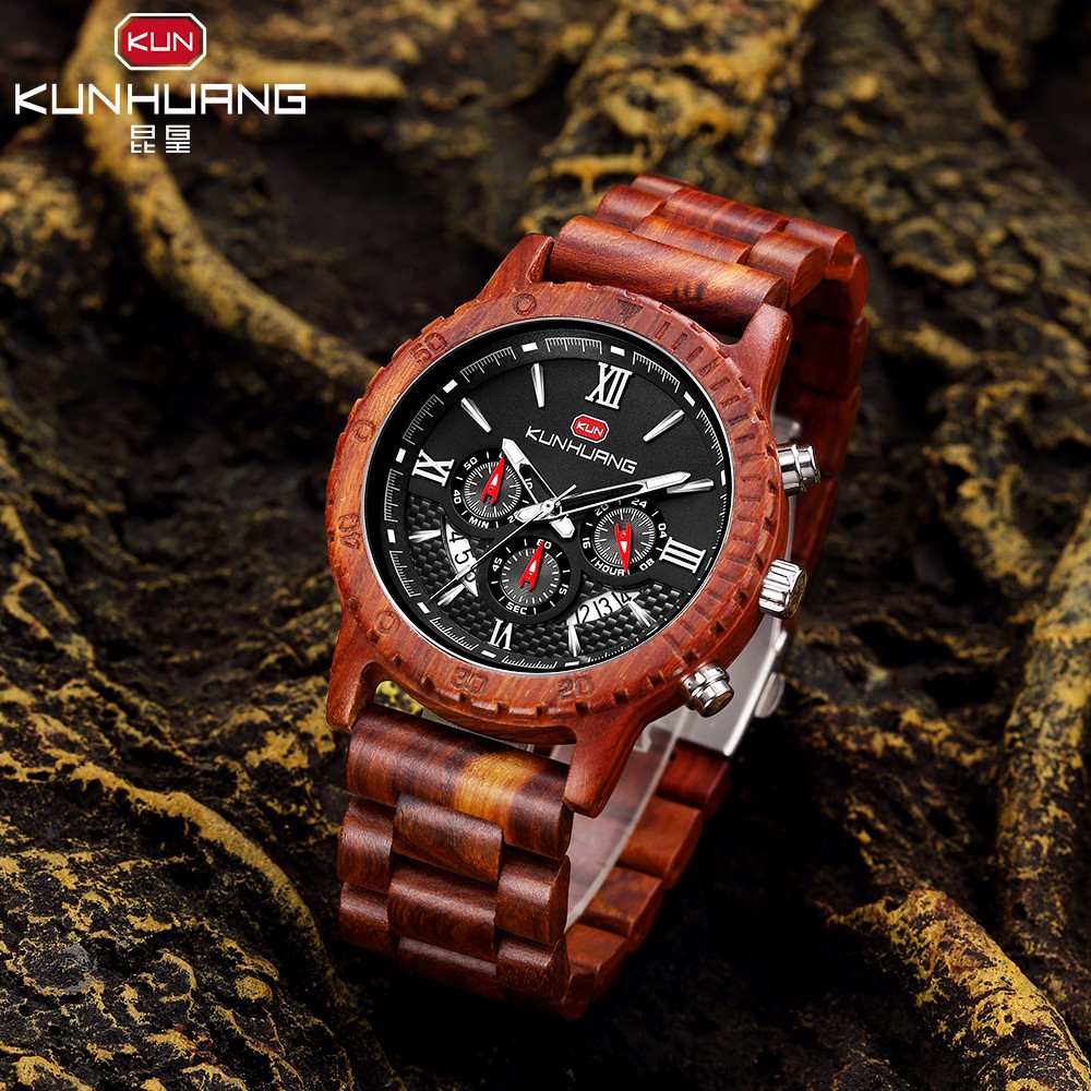 Kunhuang Luxury Brand Men's Watch Wooden Multifunctional Raw Quartz Watch High Strength Ebony Glass Case relógio masculino