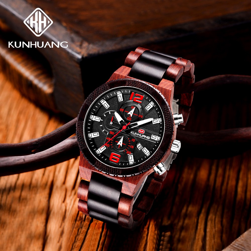 Kunhuang Wooden Watch Fashion Personality Creative Design Senior Ebony Men Watches Quartz Watch Movement Wooden Box Montre Homme