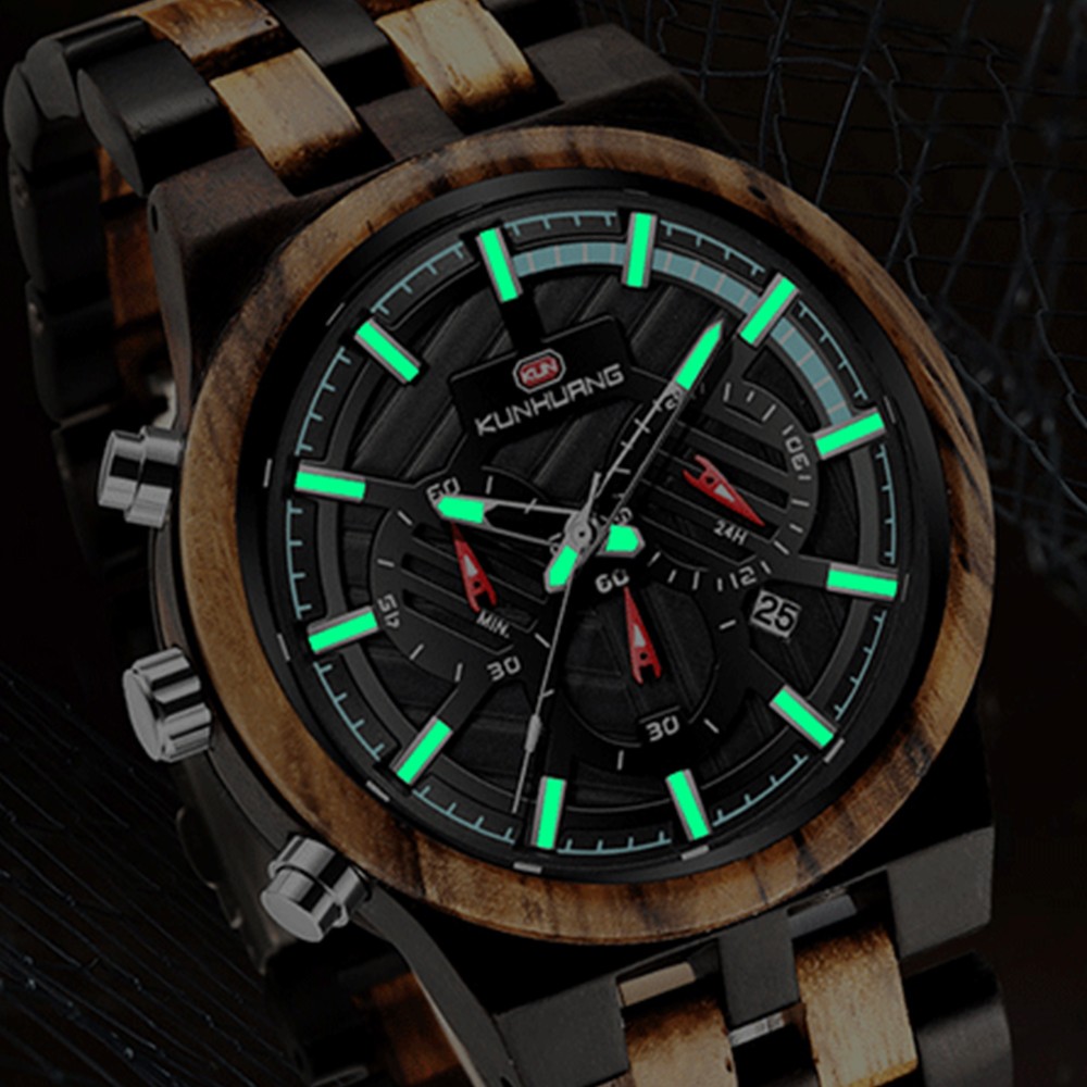 Kunhuang New Wooden Watch Men Luxury Chronograph Ebony Quartz Watch Blue Dial Metal Glass Mirror Wooden Box