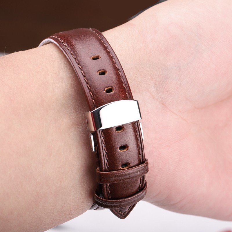 Watch Band Genuine Leather Strap Brown Black Smooth Cowhide Watchbands Bracelet Accessories Silver Polished Deployment Buckle