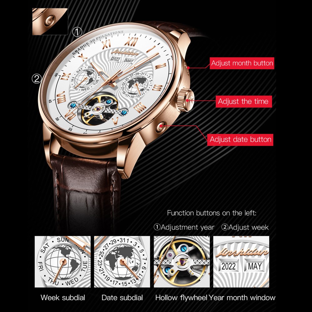 Original JSDUN Luxury Automatic Men's Watch Mechanical Leather Waterproof Brand Tourbillon Weekday Hollow Wristwatches