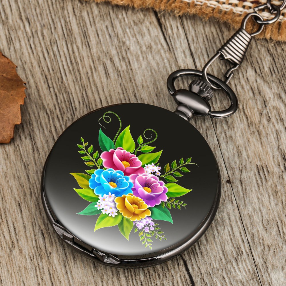 Black case vintage accept custom men women quartz chain pocket watch flower pattern classic unisex watches for girlfriend