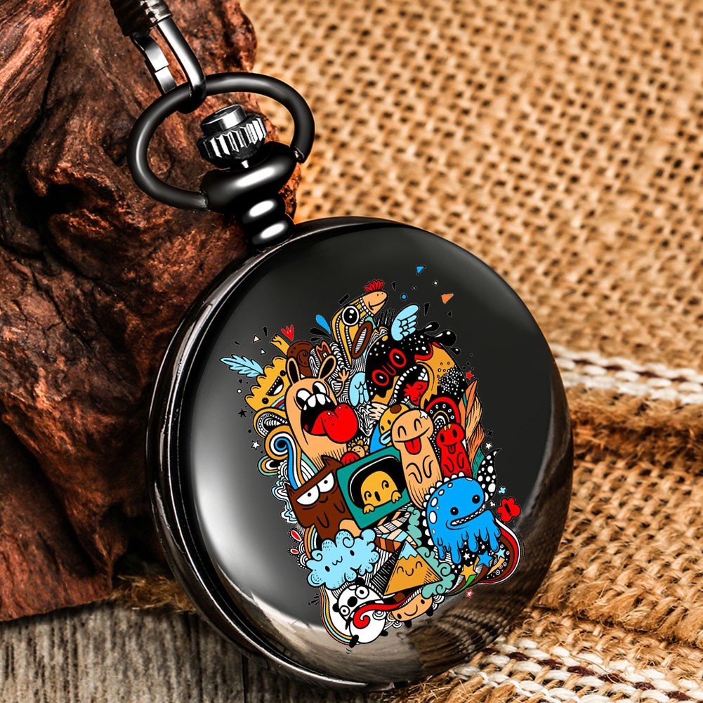 New accept custom unisex pocket watch with black thick chain cartoon pattern men women high-end quartz watches for boyfriend