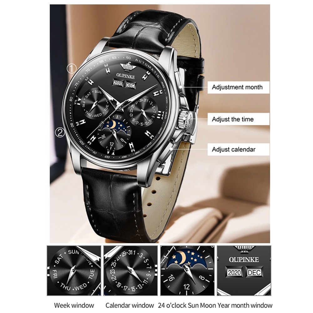 OUPINKE Luxury Automatic Men's Watch Mechanical Watches Leather Sapphire Crystal Waterproof Moon Phase Wristwatch Montre Homme