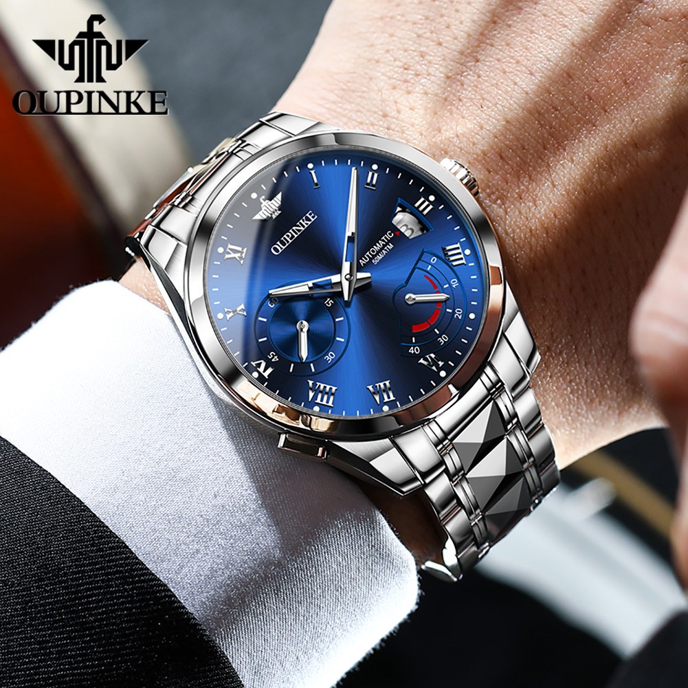 OUPINKE Watch for Men Luxury Brand Automatic Mechanical Wristwatches Waterproof Tungsten Steel Strap Fashion Simple Wristwatch