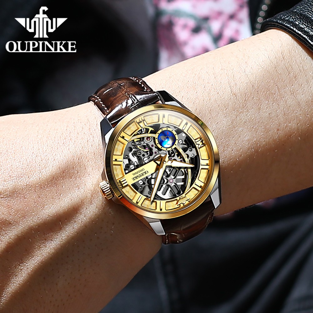 OUPINKE New Men's Automatic Mechanical Watch Skeleton Design 50M Waterproof Sapphire Mirror Leather Strap Male Watches