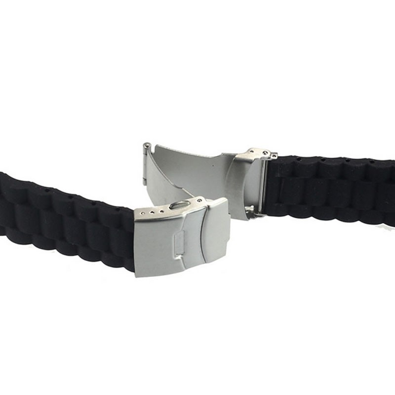 Black silicone rubber watch strap band deployment buckle waterproof 20mm 22mm quick release mechanism and safety catch