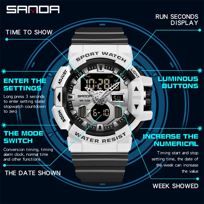 SANDA - Men's Sports Watches, Quartz, Military, Water Resistant, S-Shock, Male