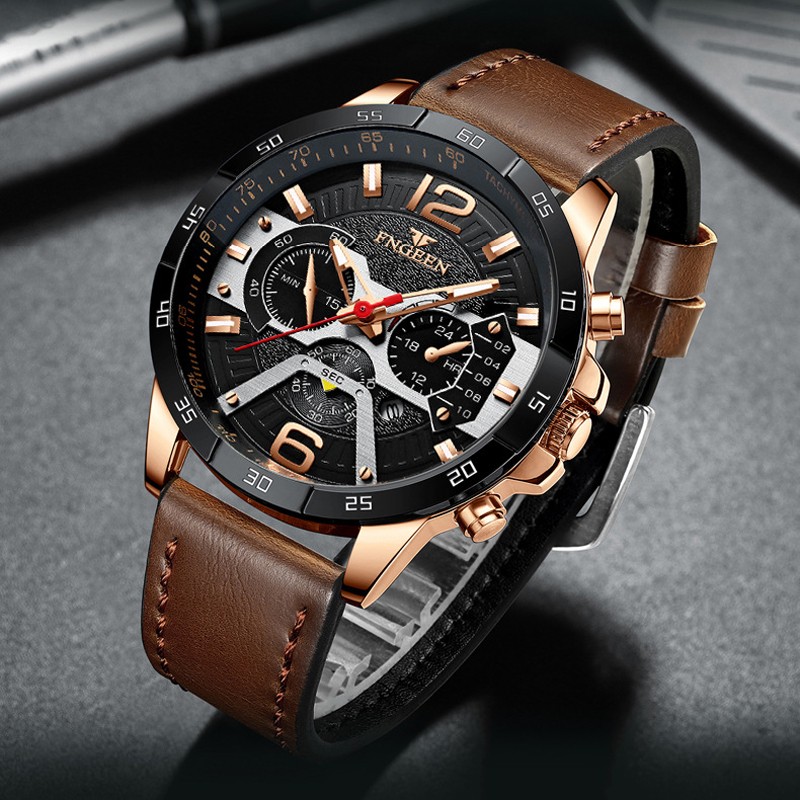 FNGEEN 2022 Fashion Men's Watches Luxury Leather Quartz Wristwatch Calendar Luminous Watch Men Business Casual Sports Watch