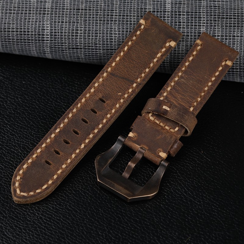 Dark brown crazy horse leather strap 20 21 22 23 24 26 mm fits bronze watch bracelet, vintage style