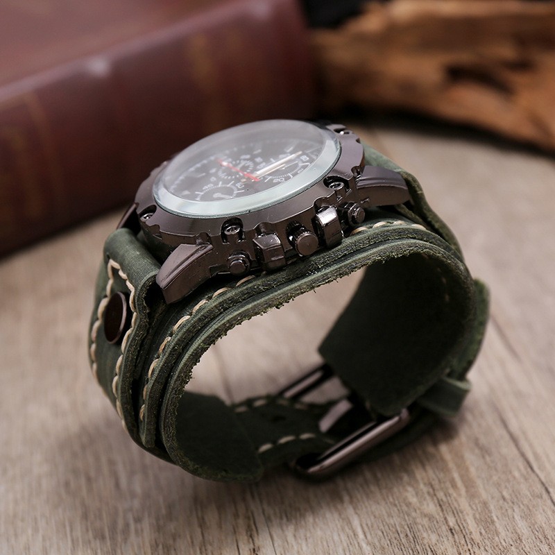 Men's Quartz Watches Jisingshu Luxury Wristwatch 2022 Cowhide Watch Band Punk Style Men's Watch Genuine Leather Wide Bracelets