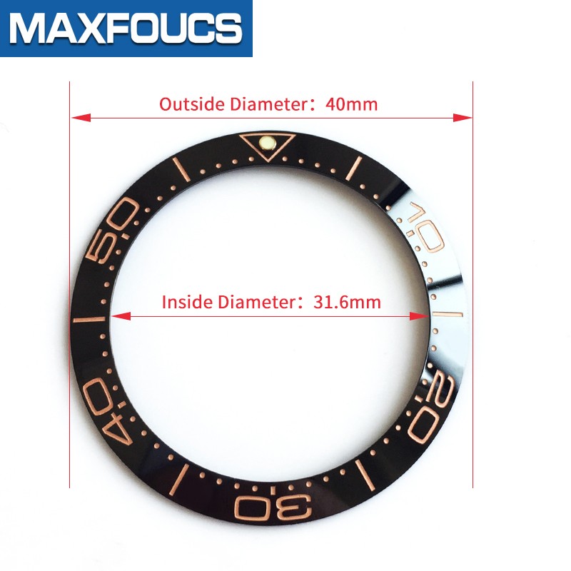 Slanted ceramic watch bezel, 38 x 30.6 mm, luminous tube, at 12, for Omega Master Series