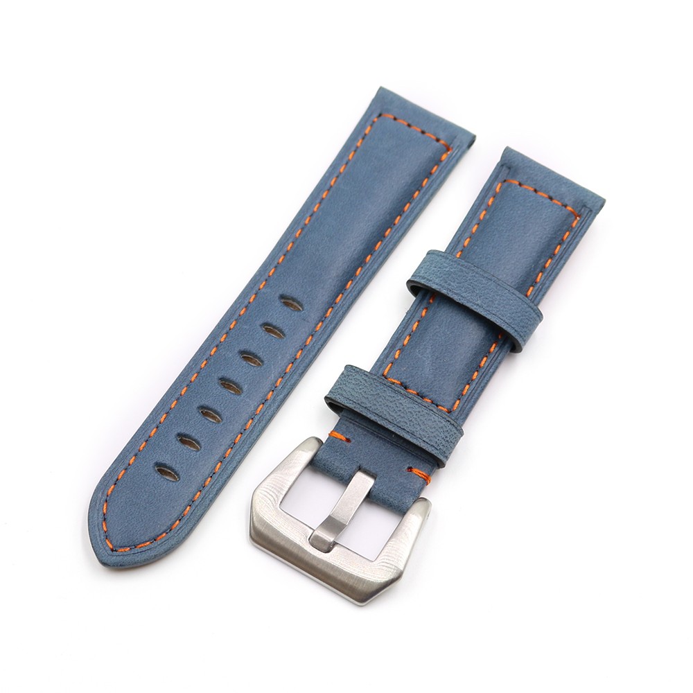 Rolamy - Watch strap 22 24mm, polished silver buckle watch strap, blue, genuine leather, handmade, thick, antique