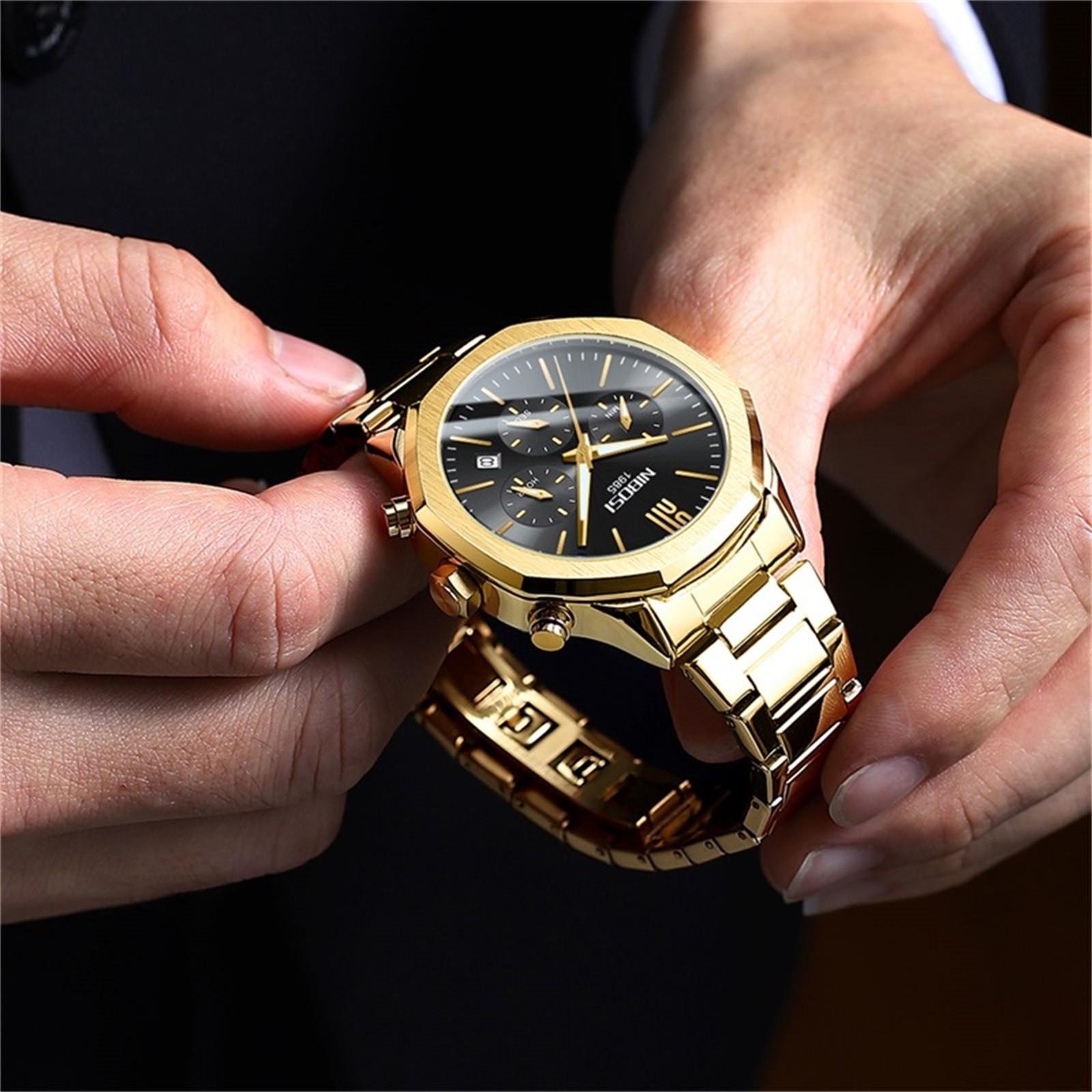 NIBOSI Fashion Gold Quartz Watches Casual Sports Waterproof Chronograph Watch Creative Irregular Man Wristwatch Relogio Masculino