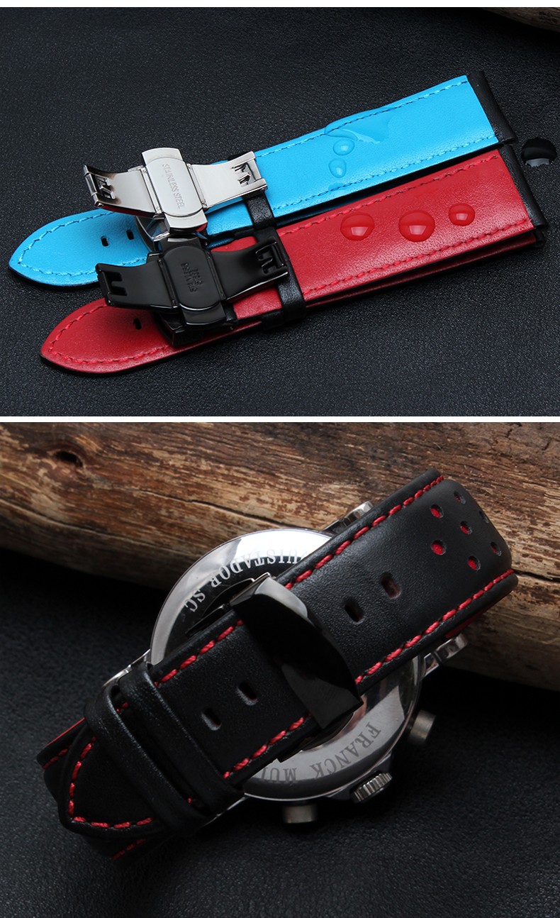 Replacement watch strap, 20mm, 22mm, real cowhide leather, handmade, black, red, blue, double push buckle