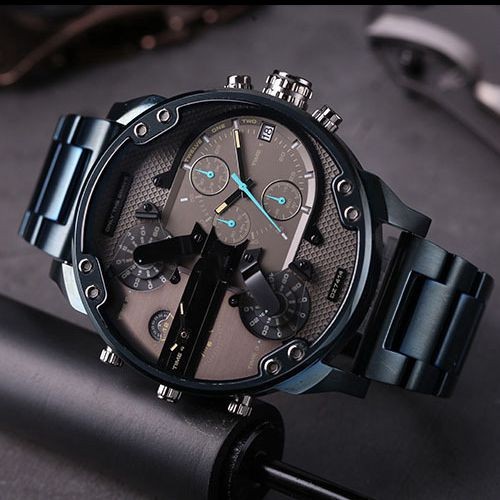 Sports Blue Big Dial Men's Watch Double Machine 7395 Cool Blue Steel Belt Quartz Watches Male Clock Locomotive Relogio Masculino