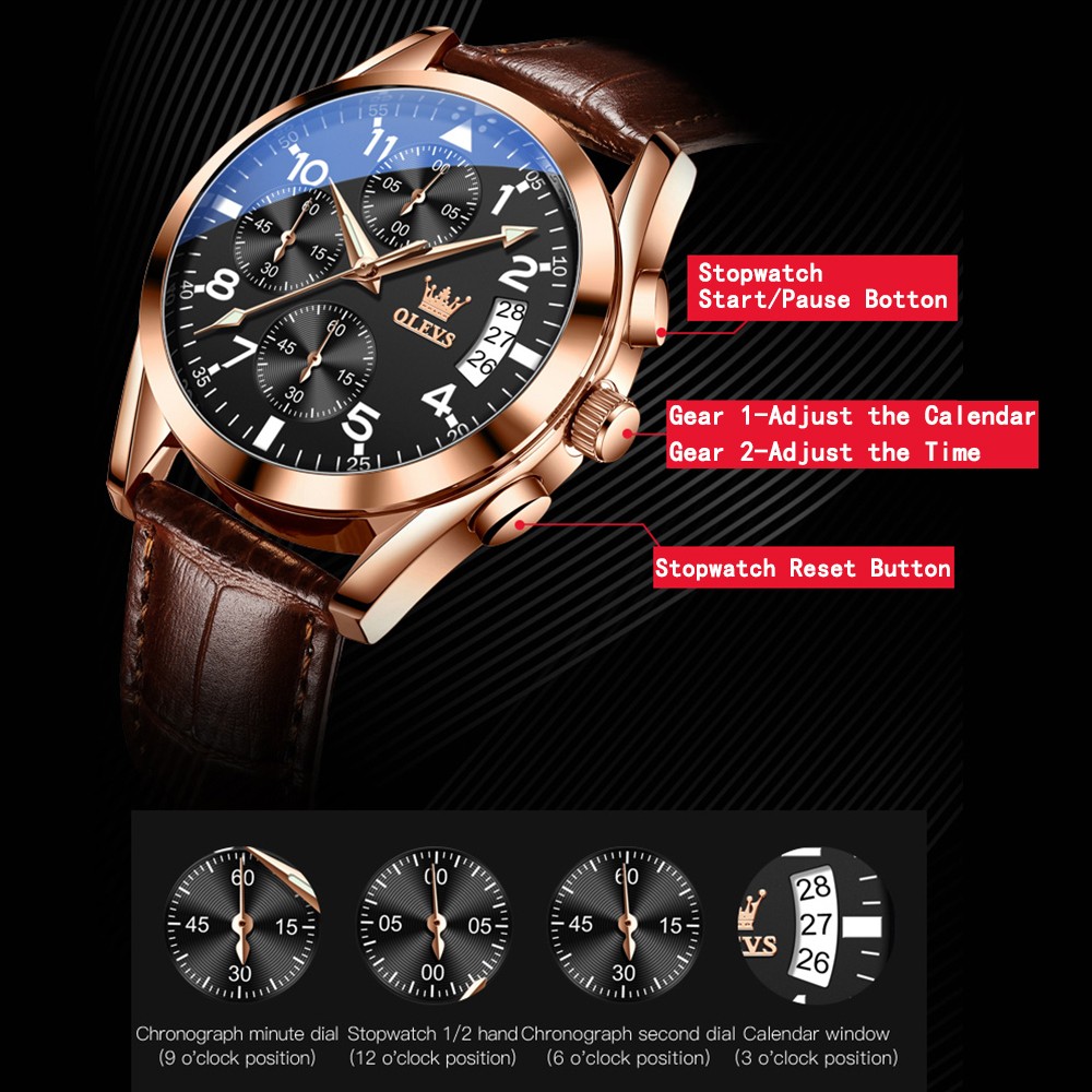 OLEVS Original Luxury Watch for Men Quartz Multifunction Fashion Leather Waterproof Clock Brand Wris Watches Relogio Masculino