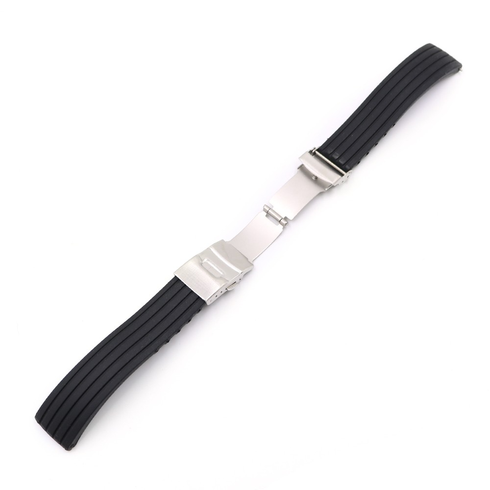 Black Silicone Rubber Watch Strap, Water Resistant, Straight End, Double Push, Stainless Steel Buckle, 18 20 22 24mm